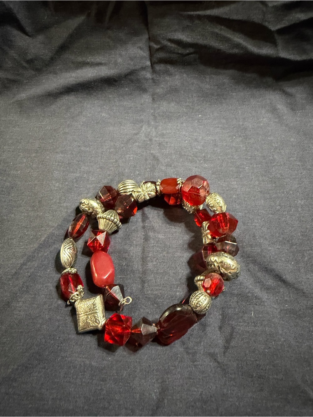 Source Unknown Red and Silver Beaded Stretch Bracelet